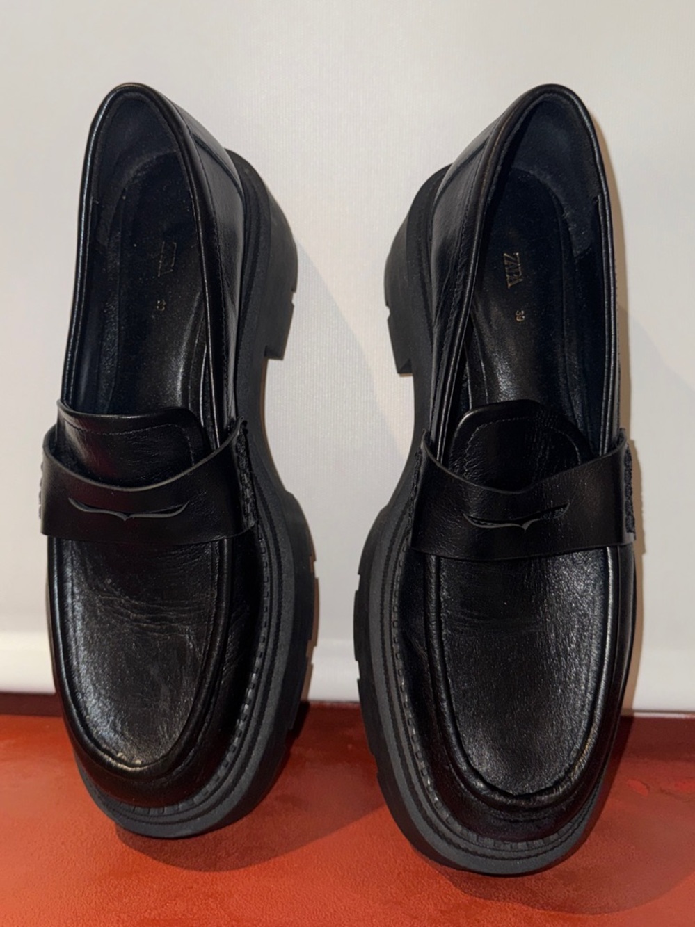 Zara Black Leather Platform Penny Loafers